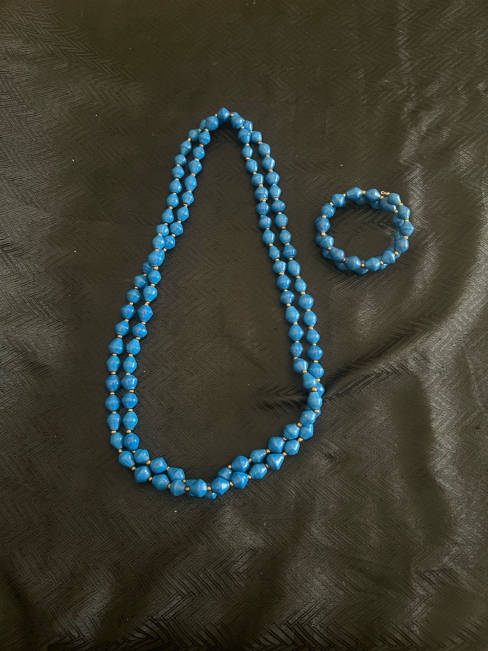 Hand Crafted Blue Beaded Necklace and Bracelet Set